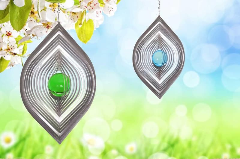 Edelstahl Windspiel 2er Set mit grünen Glaskugeln für Garten und Wohnung