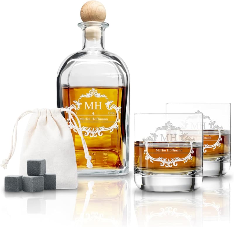 Personalisiertes Whisky Geschenkset mit Gravur für Männer, inkl. Gläser & Karaffe