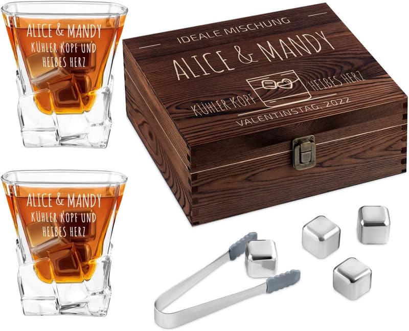 Personalisierte Whisky Steine mit Gravur - 8 Eiswürfel & 2 Gläser