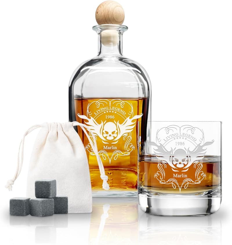 Personalisiertes Whisky Geschenkset für Männer mit Gravur – 300ml Glas, 700ml Karaffe, Steineiswürfel