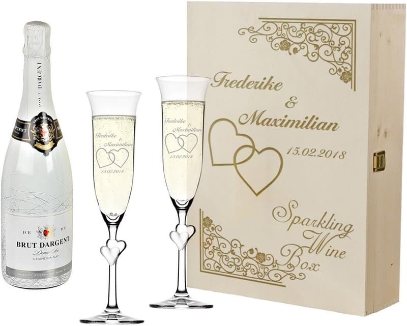 Personalisierte Sektgläser mit Herzen in Geschenkbox - Hochzeitsgeschenk