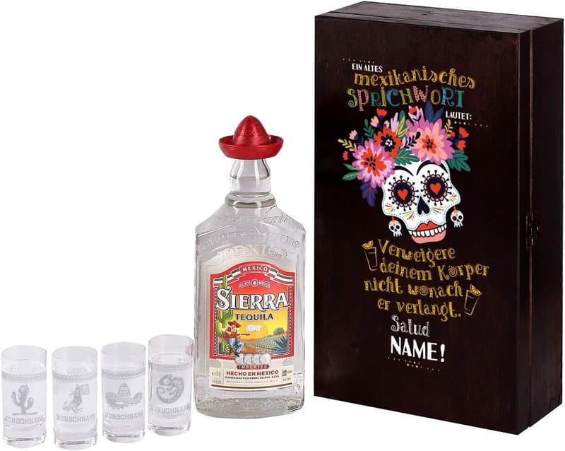 Personalisierte Geschenkbox mit 0,7 l Sierra Tequila und 4 gravierten Schnapsgläsern