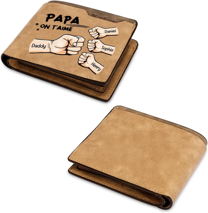 Personalisierte braune PU-Leder-Brieftasche für Väter mit Namen