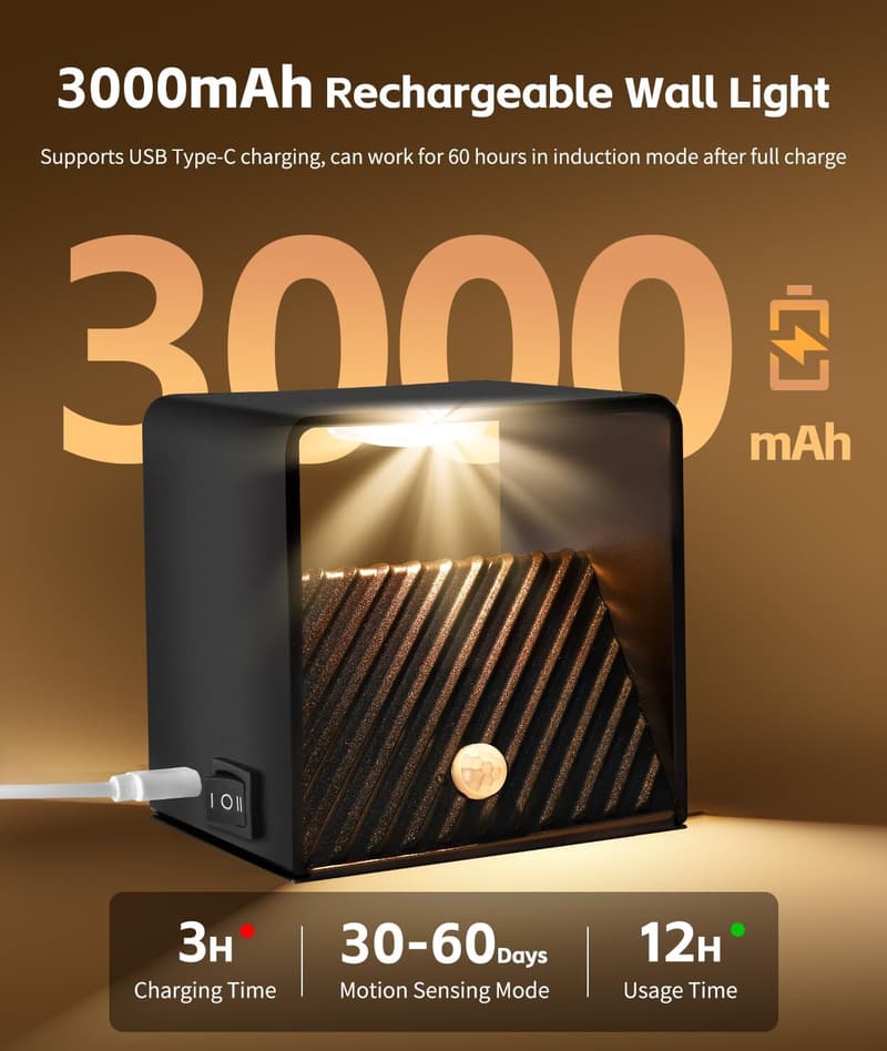 Akku-Wandleuchte mit Bewegungsmelder – 3000mAh, 3 Modi für Innenräume