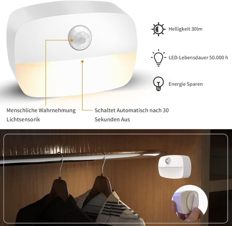 AmmToo LED Nachtlicht mit Bewegungsmelder – 4er Set, warmweiß für Flur und Schlafzimmer