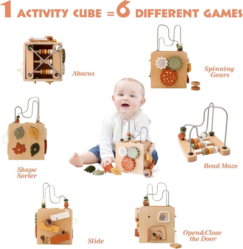 Montessori Motorikwürfel aus Holz – 6-in-1 Spielzeug ab 1 Jahr