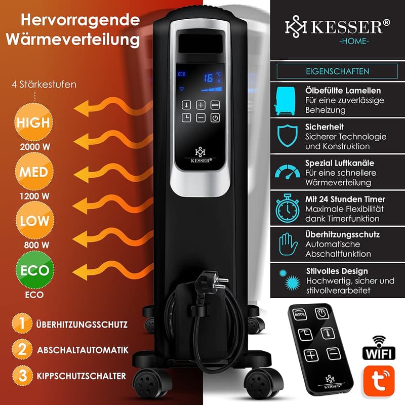 WiFi Heizkörper 2000W mit Fernbedienung & digitalem Display, Schwarz