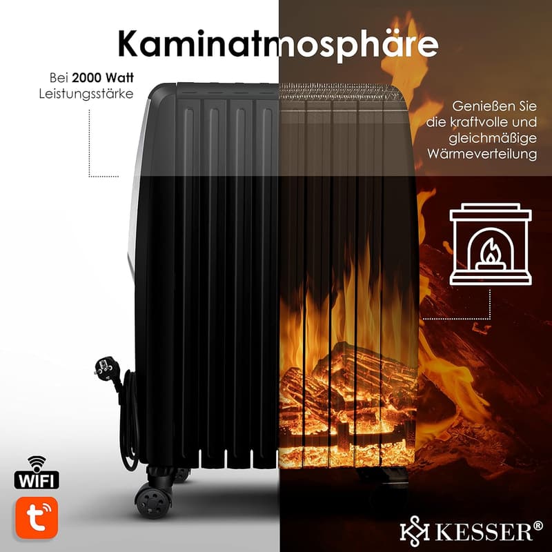 WiFi Heizkörper 2000W mit Fernbedienung & digitalem Display, Schwarz
