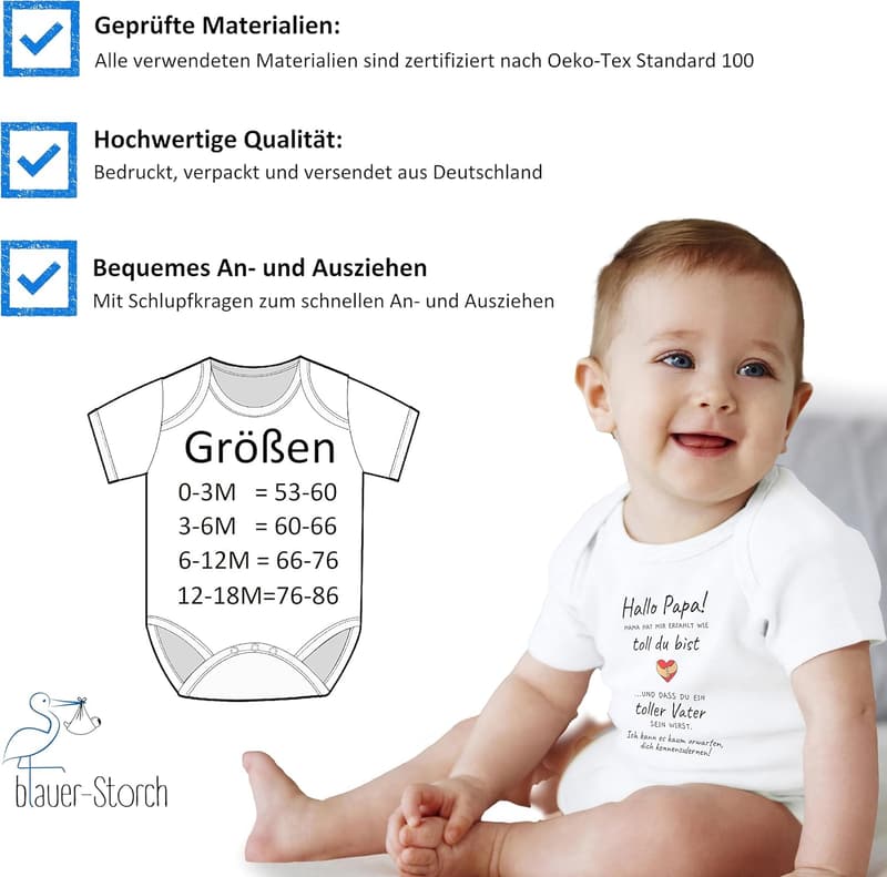 Blauer-Storch Baby Body für die Schwangerschaftsankündigung, Bio Baumwolle