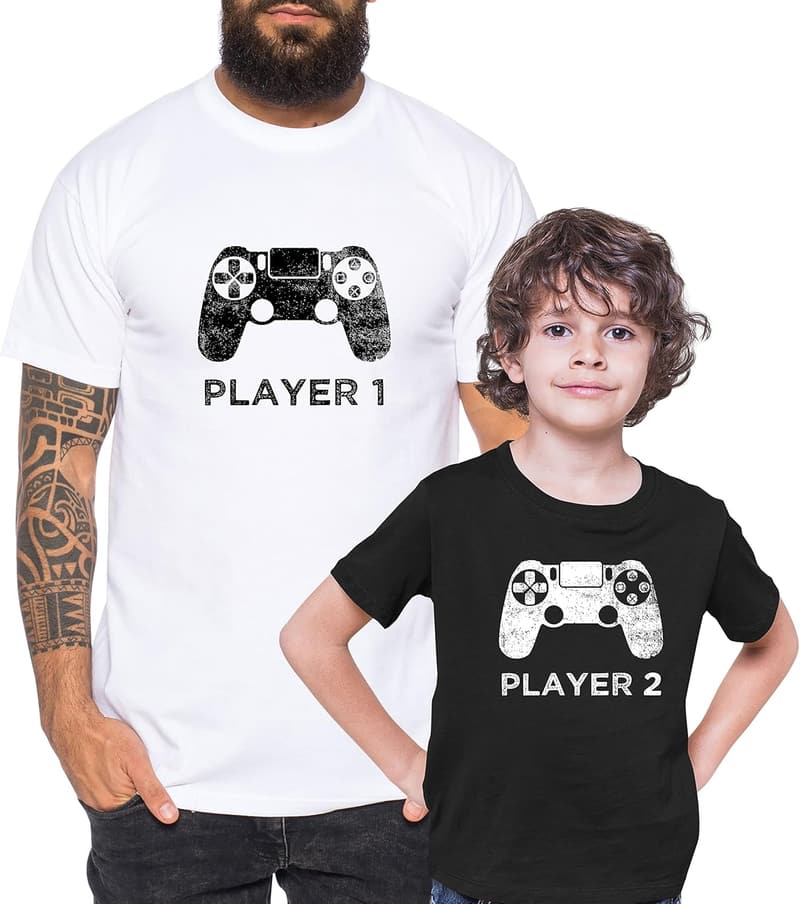 Partnerlook T-Shirts für Papa und Sohn - Spieler 1 & 2