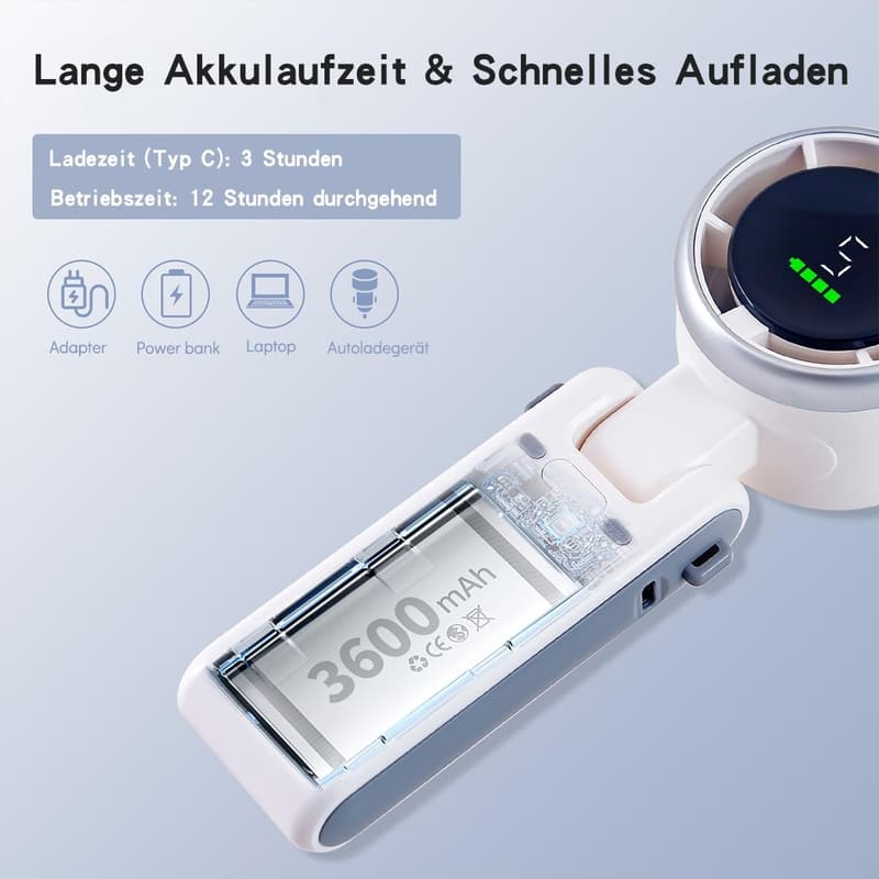 Tragbarer Handheld-Turbolüfter mit LED-Anzeige, 5 Geschwindigkeiten, 180° einstellbar