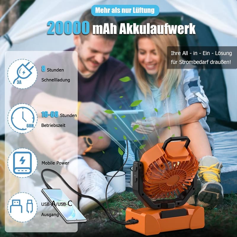 Tragbarer Campingventilator 20000mAh mit LED, Touchscreen & Fernbedienung