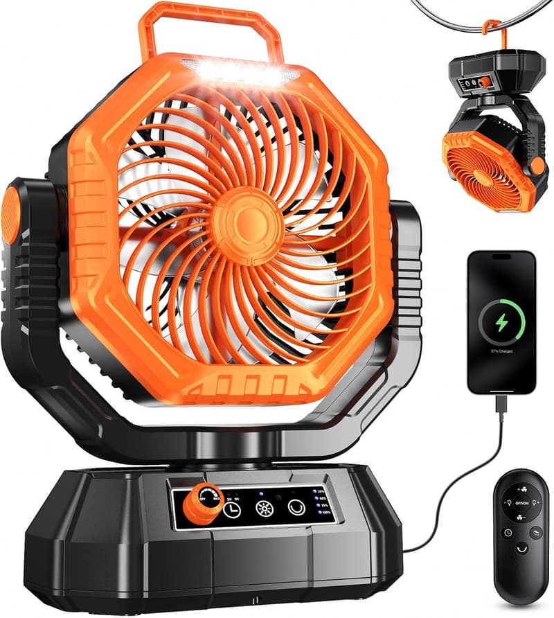 Wiederaufladbarer Camping-Ventilator mit LED-Licht und Haken, 20000mAh