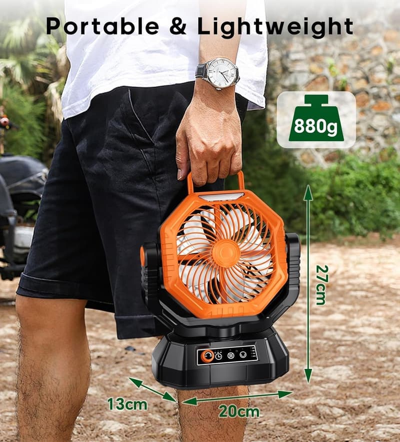 Wiederaufladbarer Camping-Ventilator mit LED-Licht und Haken, 20000mAh