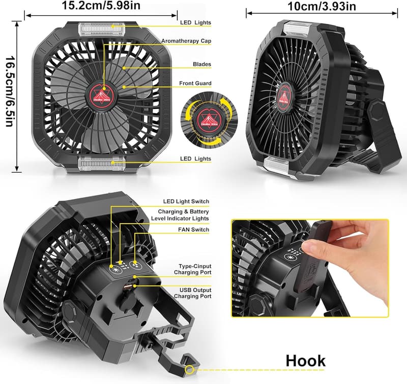 Akku Campingventilator 3-in-1 mit LED Licht und 10400mAh