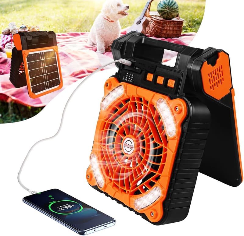 Tragbarer Solar Camping Ventilator mit LED & USB-C – 4 in 1, 90° Drehung, 4 Geschwindigkeiten