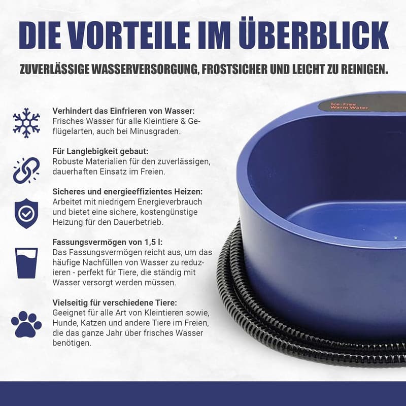 Beheizter Wassernapf für Hunde und Katzen, 1,5 Liter, frostsicher