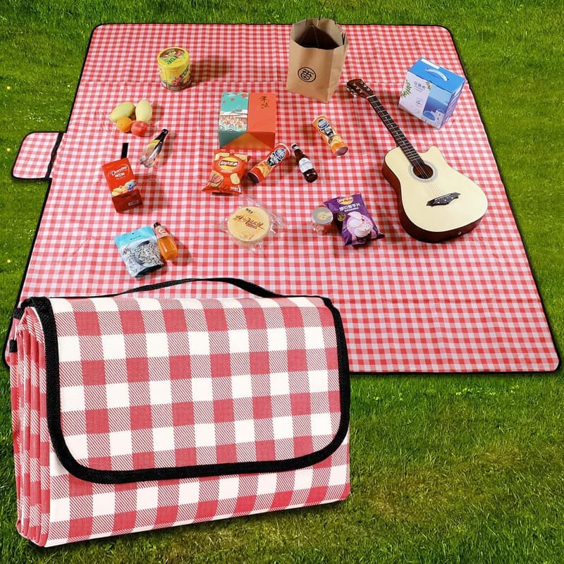 Wasserdichte Picknickdecke 200 x 200 cm, rot kariert, waschbar