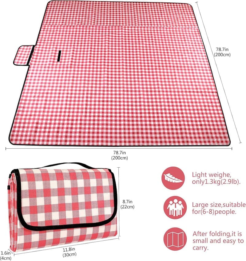Wasserdichte Picknickdecke 200 x 200 cm, rot kariert, waschbar