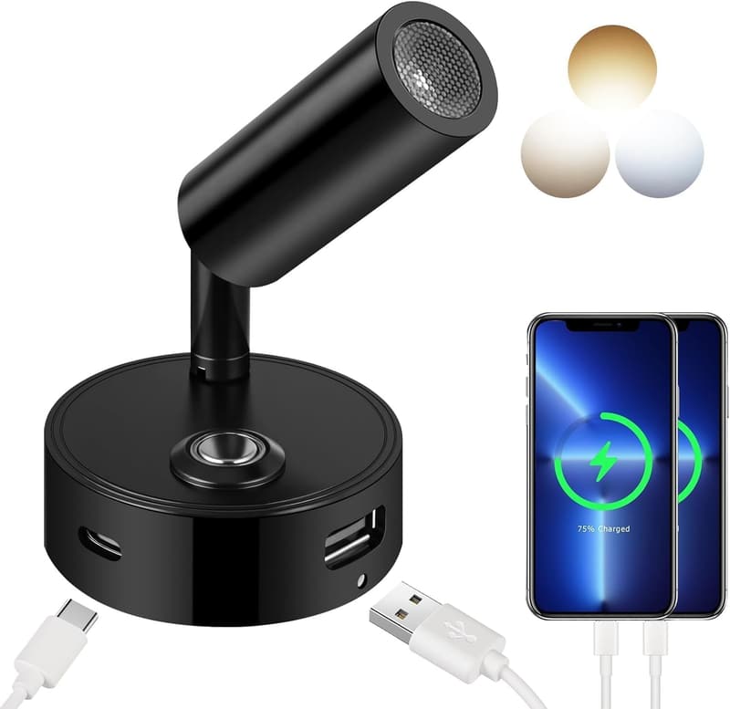 LED Leselampe für Wohnmobile, drehbar, USB A+C, 3 Farbmodi, dimmbar, Schwarz