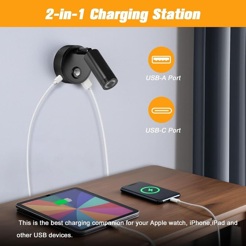 LED Leselampe für Wohnmobile, drehbar, USB A+C, 3 Farbmodi, dimmbar, Schwarz