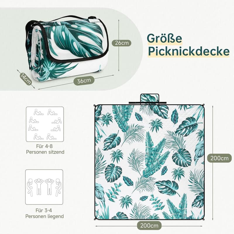 XXL Picknickdecke 200x200 cm - wasserdicht & isoliert, leicht transportabel