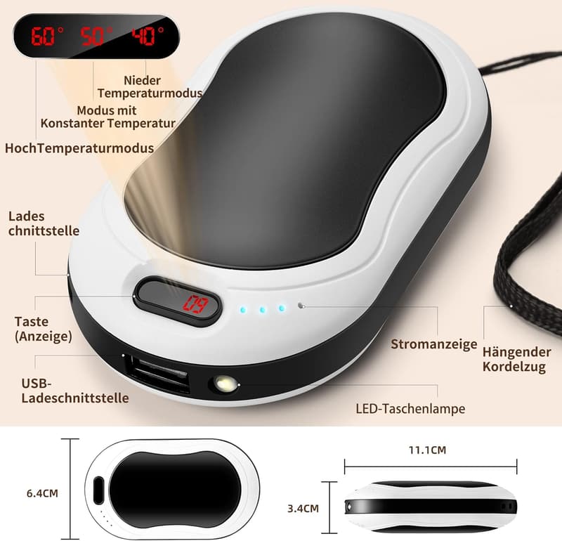 Elektrische Handwärmer 2er Set mit 10000 mAh - Wiederverwendbare USB Powerbank für den Winter