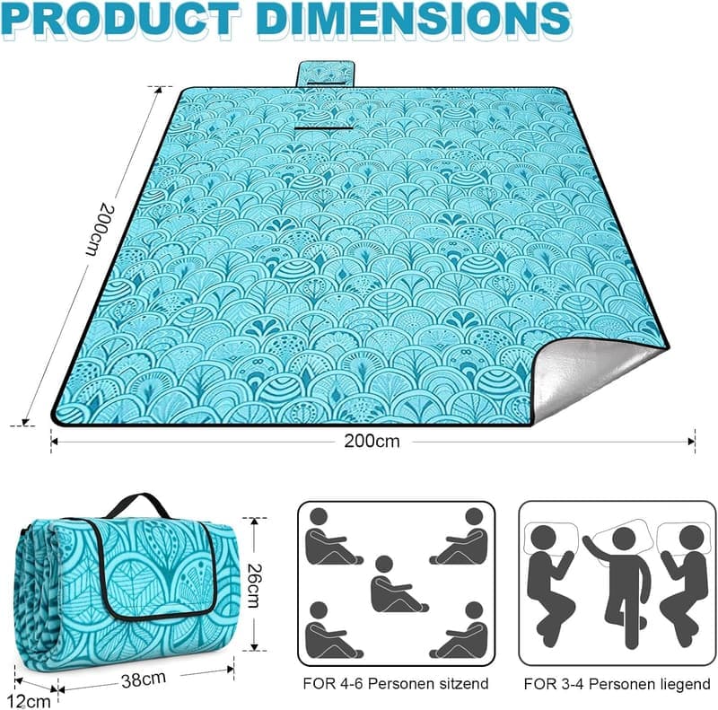 Wasserdichte Picknickdecke 200 x 200 cm für 4-6 Personen - ideal zum Camping