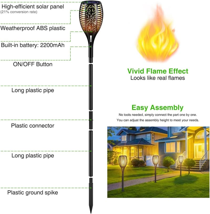 Solar Fackeln mit Flammeneffekt, 96 LEDs, wasserdicht für Garten, Terrasse, Balkon