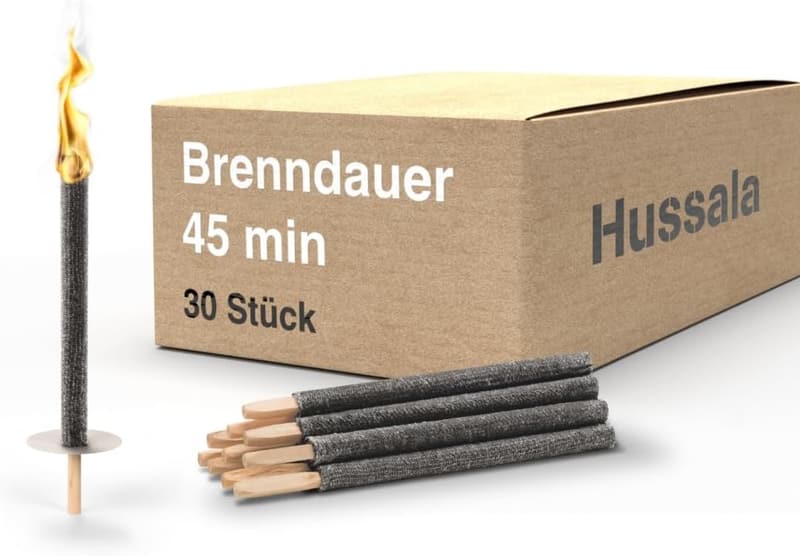 Hussala Diamond Wachsfackeln mit Holzstab, 30 Stück, 45 min Brenndauer
