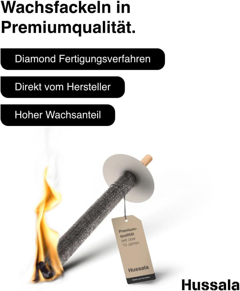 Hussala Diamond Wachsfackeln mit Holzstab, 30 Stück, 45 min Brenndauer