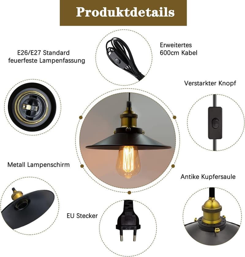 Vintage Hängelampe für Outdoor mit Stecker E26/E27 – 600 cm