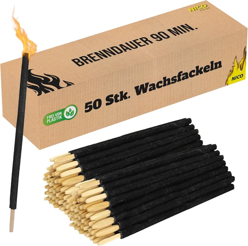 Hochwertige Wachsfackeln (50 Stück) für Gartenpartys und Outdoor-Events