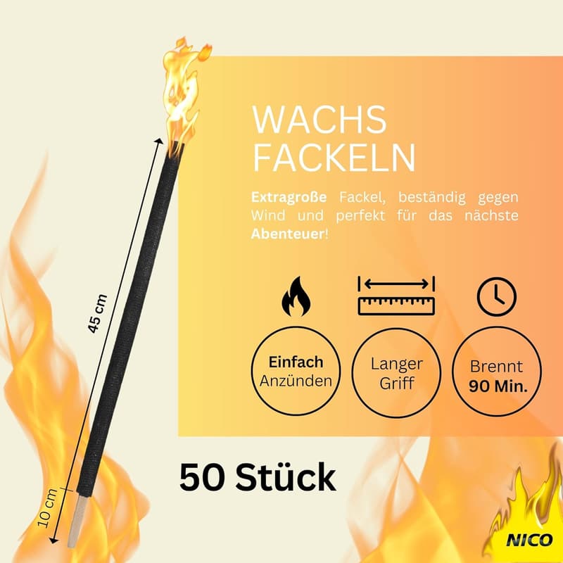 Hochwertige Wachsfackeln (50 Stück) für Gartenpartys und Outdoor-Events