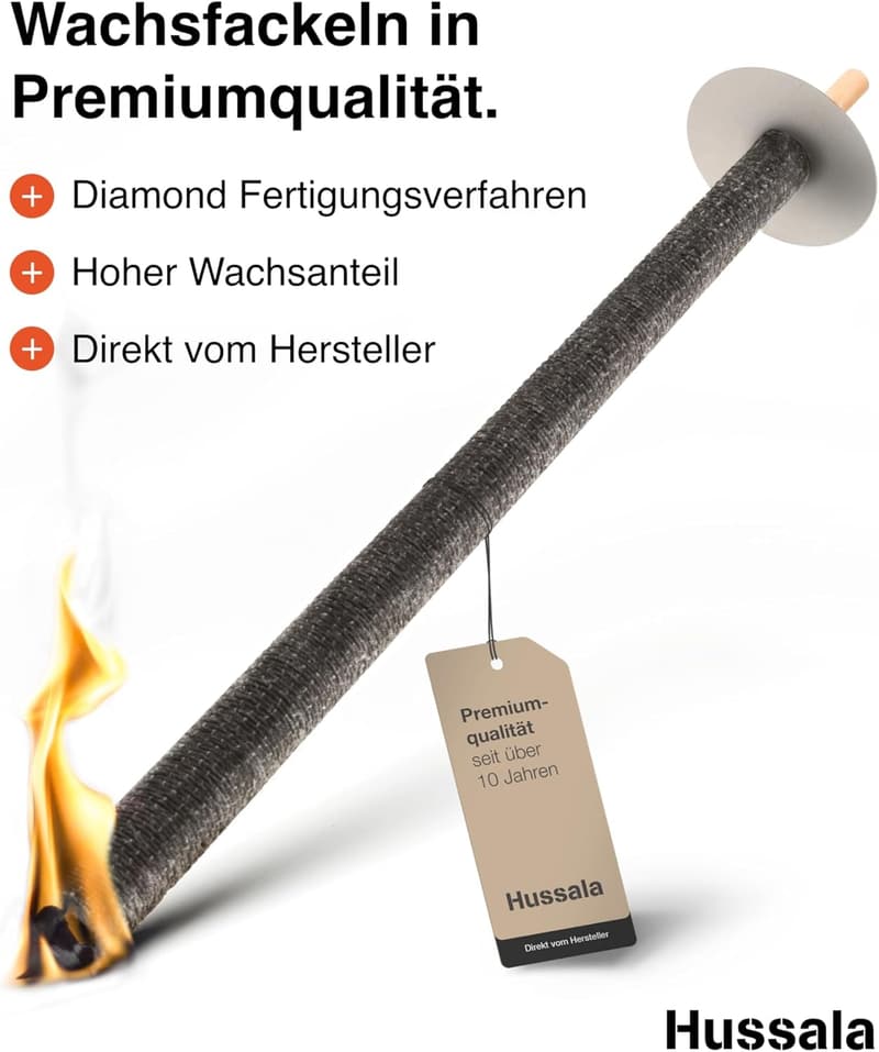 Hussala Diamond-Wachsfackeln mit Holzstab – 10 Stück, 90 Minuten Brenndauer