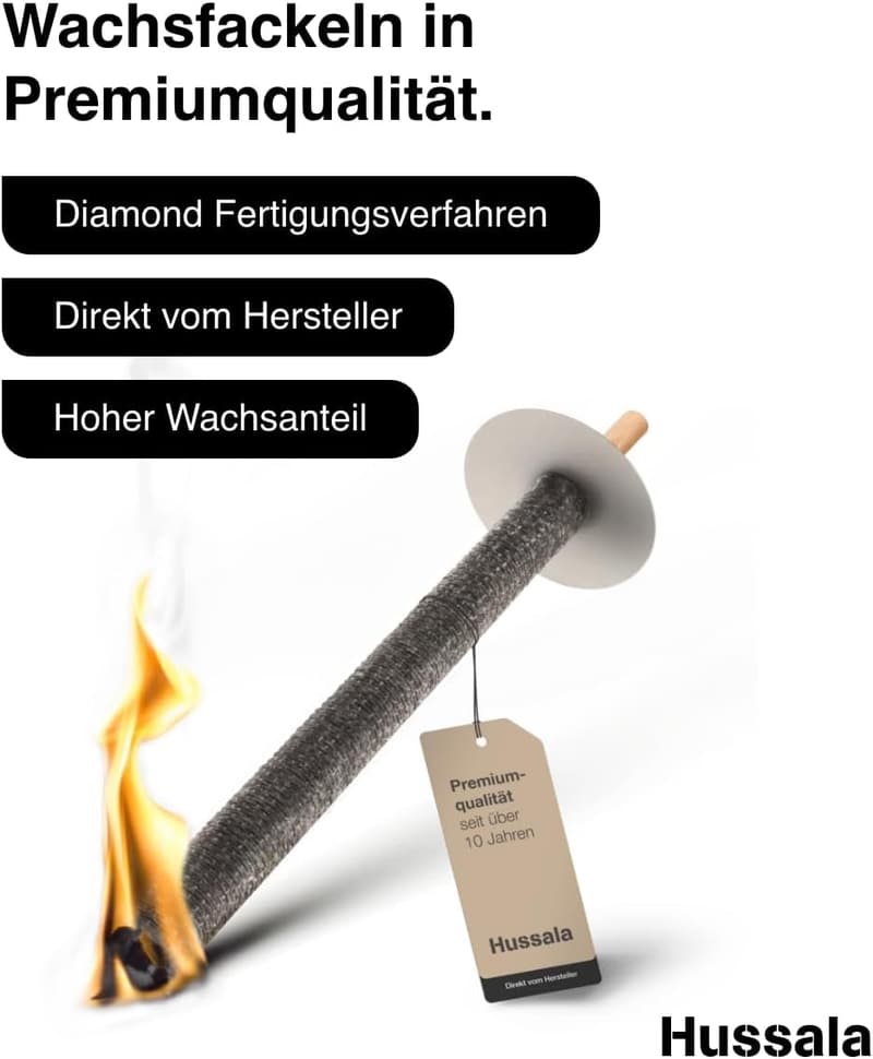 Hussala Diamond Gartenfackeln mit Holzstab – 10 Stück, 60 Min Brenndauer