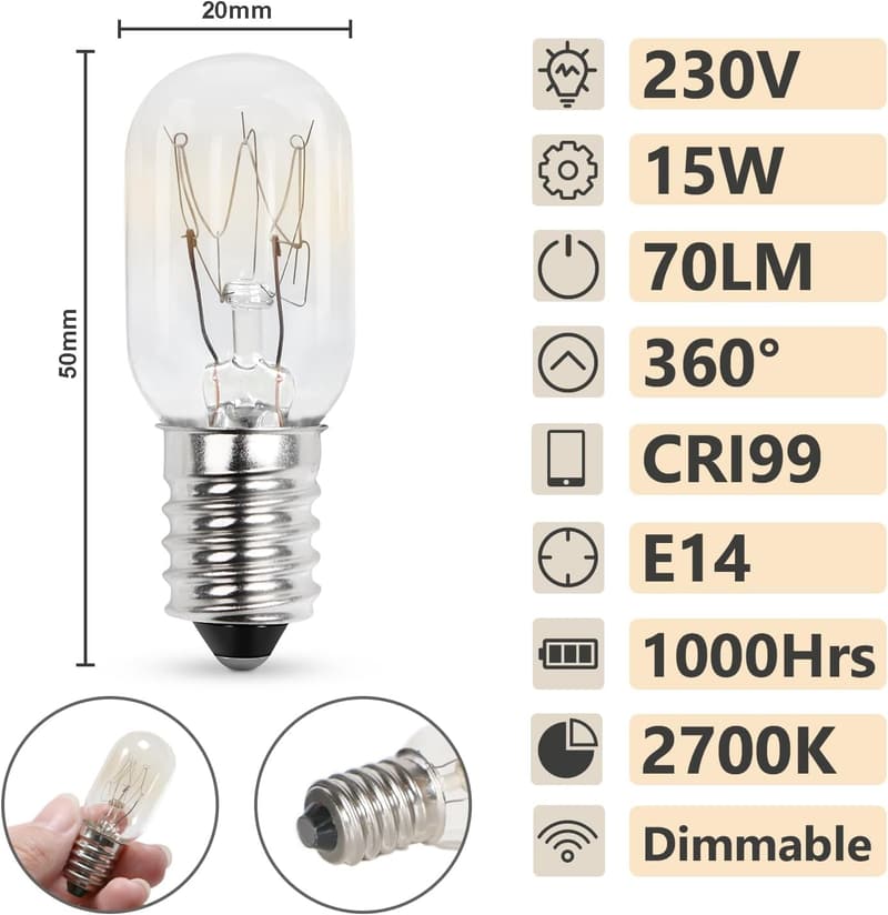 Kühlschranklampe E14 15W, warmweiß dimmbar 2700K, 2er Set