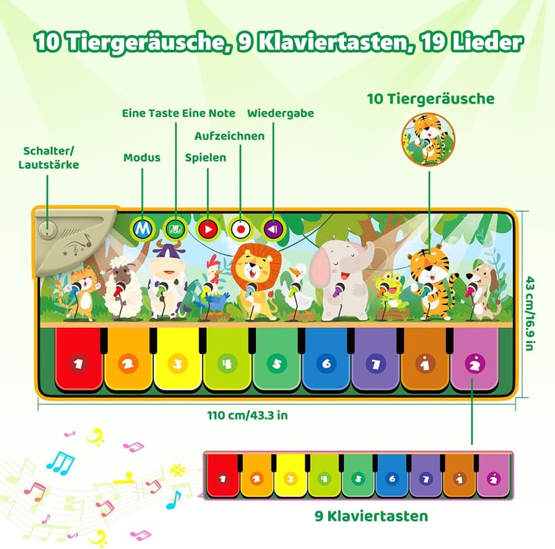 Musikmatte für Kinder ab 1 Jahr mit 19 Liedern und 10 Tieren
