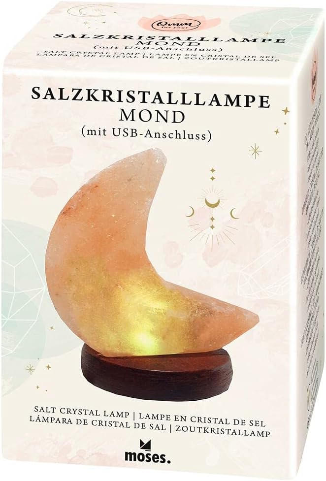 Salzkristalllampe im Mond-Design mit LED und Holzsockel
