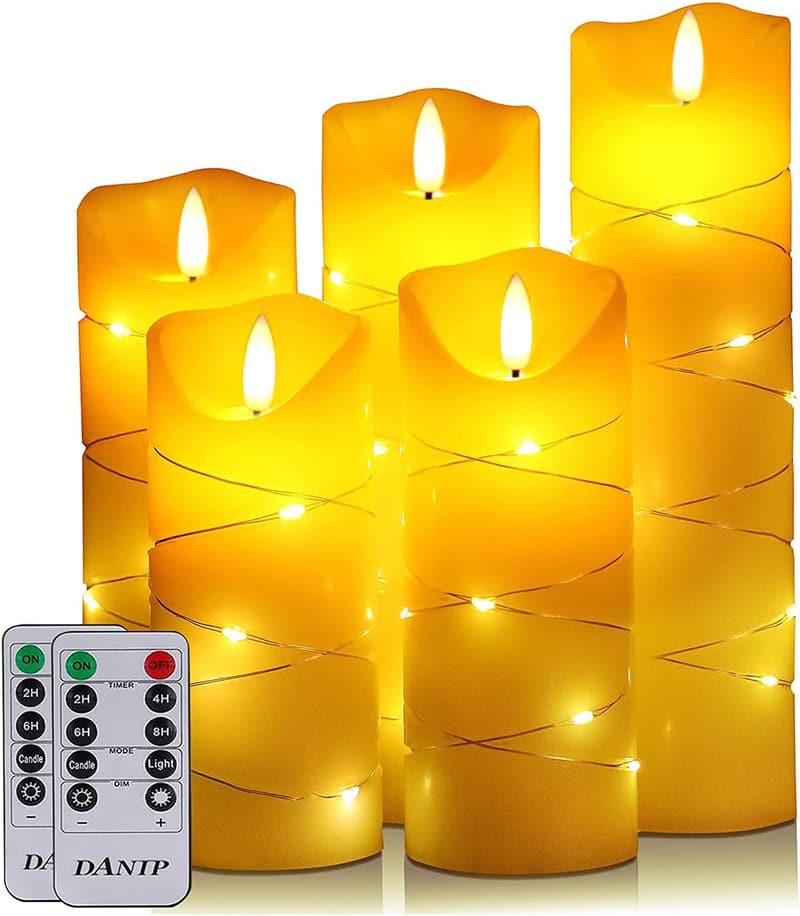 Flammenlose LED-Kerzen mit Lichterkette, 5er Set, Echtwachs, Fernbedienung