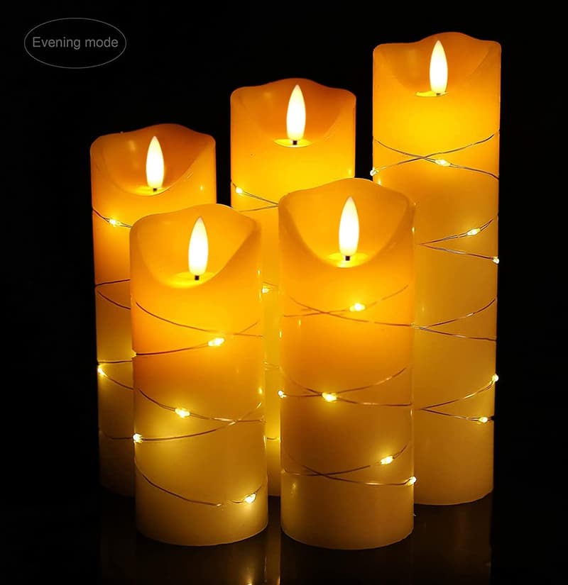 Flammenlose LED-Kerzen mit Lichterkette, 5er Set, Echtwachs, Fernbedienung