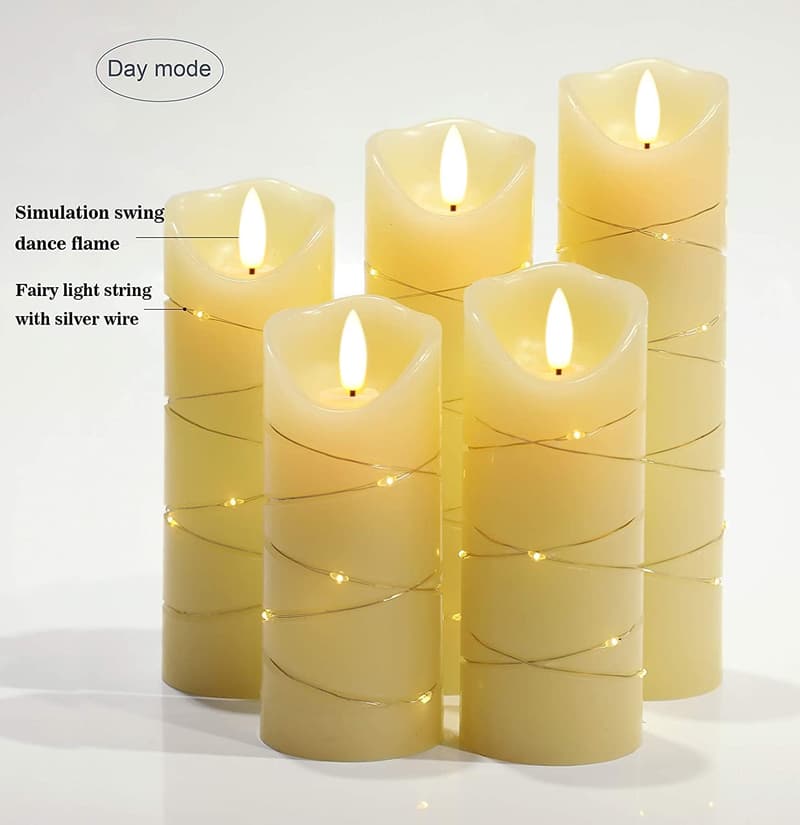 Flammenlose LED-Kerzen mit Lichterkette, 5er Set, Echtwachs, Fernbedienung