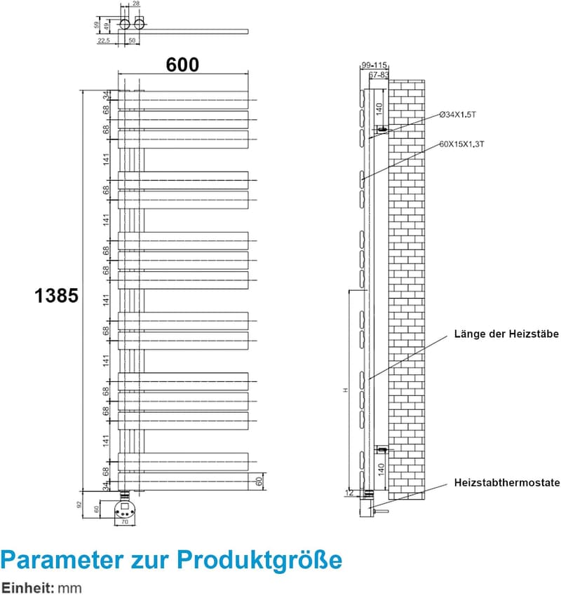 Elektrischer Handtuchheizkörper mit digitalem Thermostat, 800 Watt, 1385x600mm