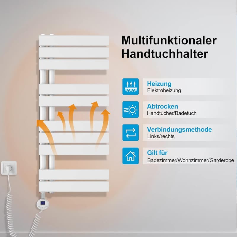 Elektrischer Handtuchheizkörper mit digitalem Thermostat, 800 Watt, 1385x600mm