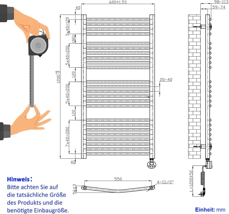 Elektrischer Handtuchheizkörper 120x60 cm mit Thermostat, 600 Watt
