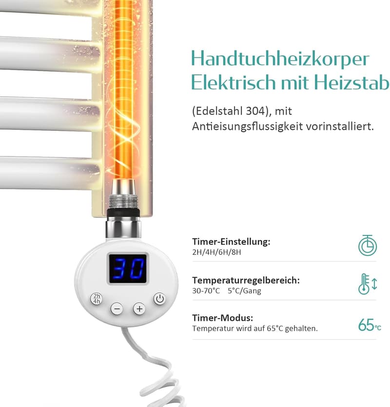 Elektrischer Handtuchheizkörper 120x60 cm mit Thermostat, 600 Watt
