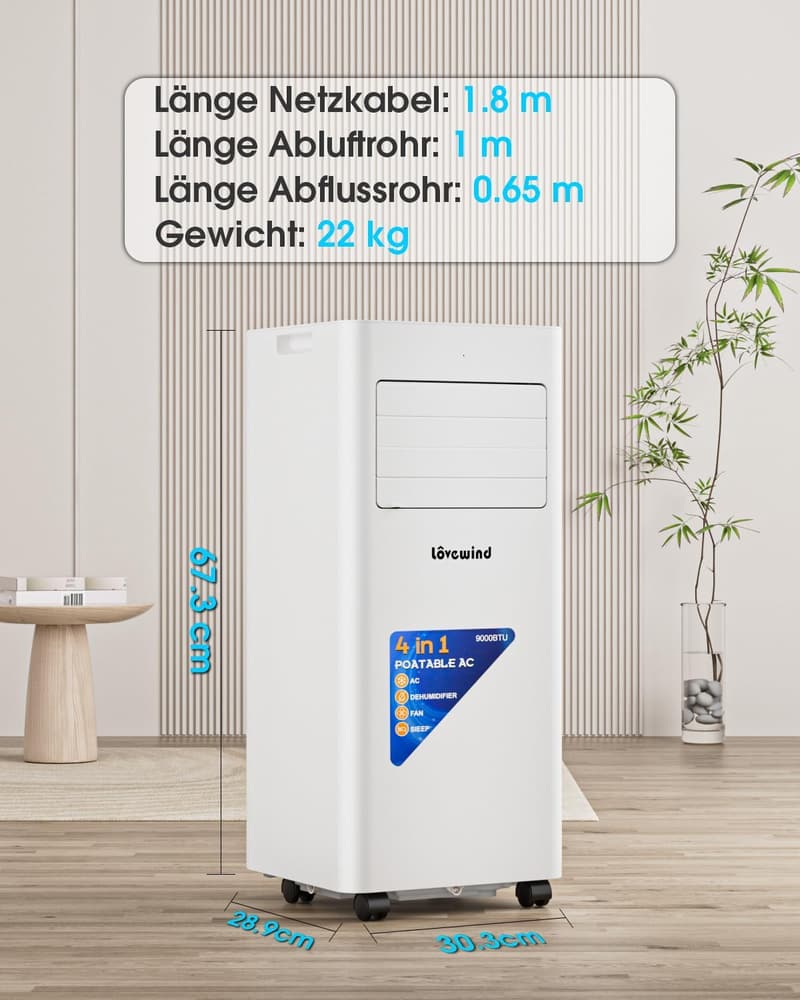 Tragbare Klimaanlage 9000 BTU mit Fernbedienung – 4-in-1 Funktion