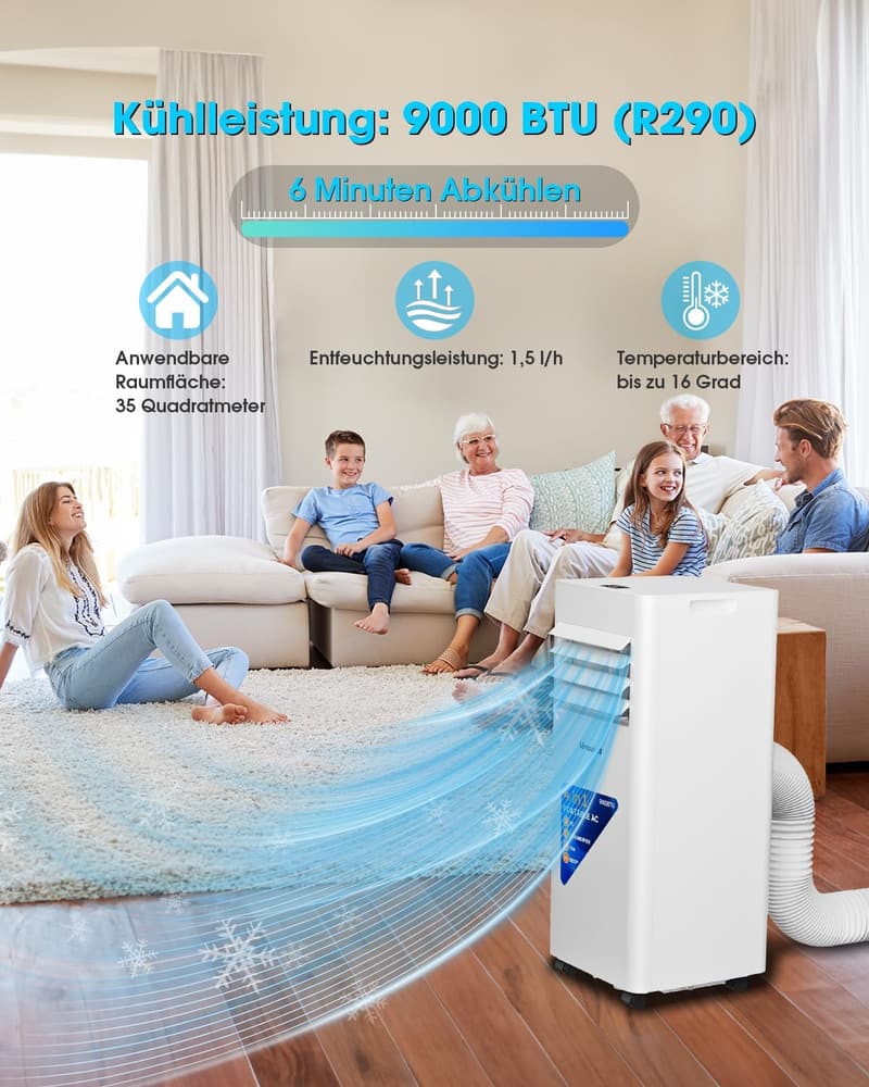 Tragbare Klimaanlage 9000 BTU mit Fernbedienung – 4-in-1 Funktion