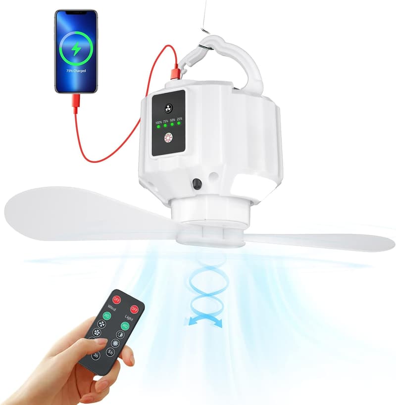 Camping-Ventilator mit LED-Licht und 3 Geschwindigkeiten, 5200 mAh