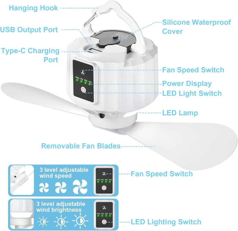 Camping-Ventilator mit LED-Licht und 3 Geschwindigkeiten, 5200 mAh